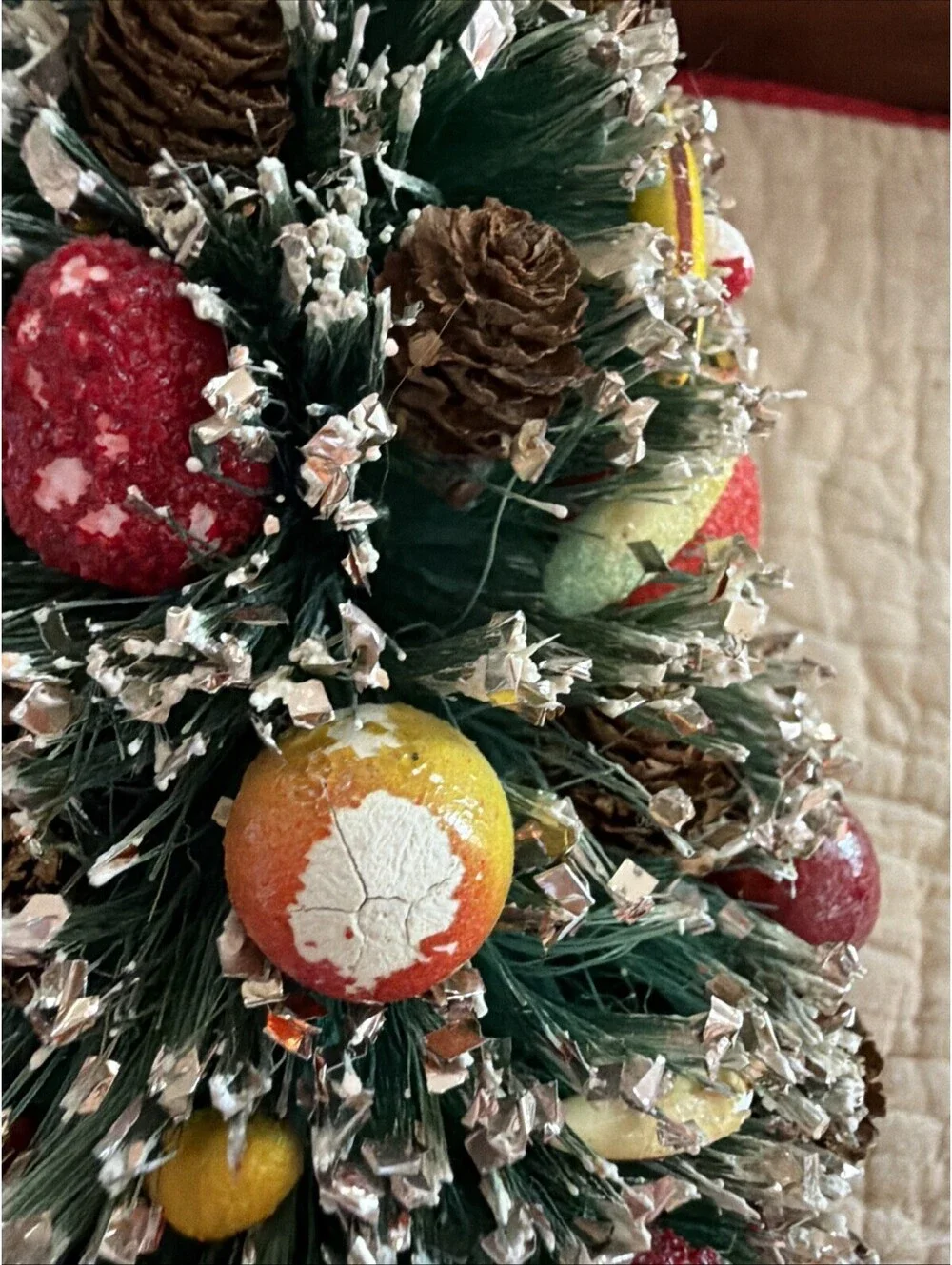 VTG Christmas Bottle Brush Tree Made Japan 1950s Glitter Pinecones Fruit 10”